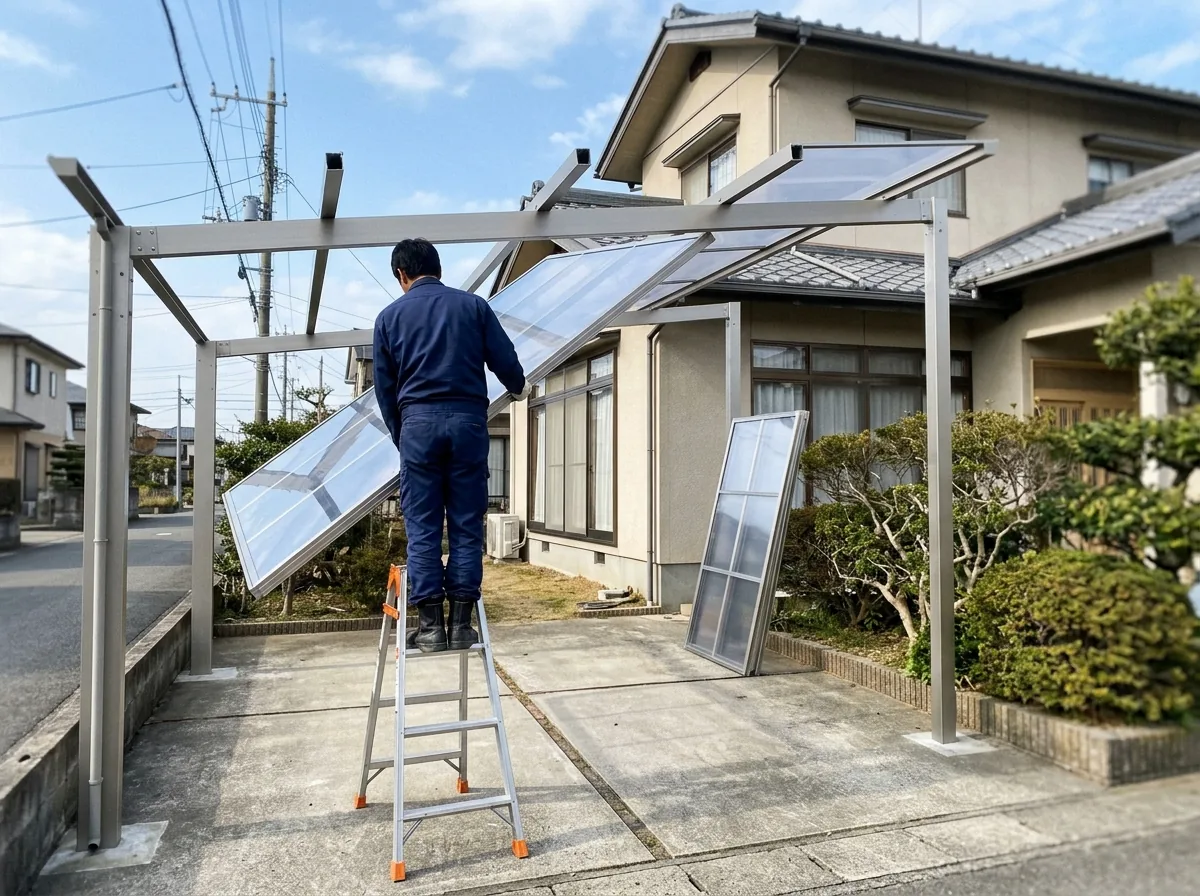 コンクリート駐車場の上で、組み上げたアルミカーポートの骨組みに屋根材を取り付ける作業