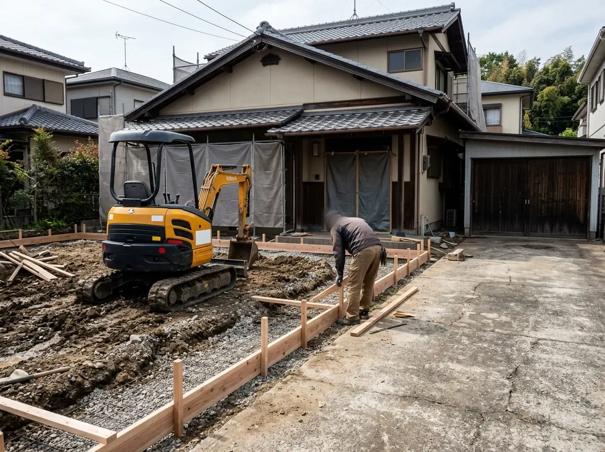 庭を掘り下げ、型枠を組んで駐車スペースを広げている途中の様子