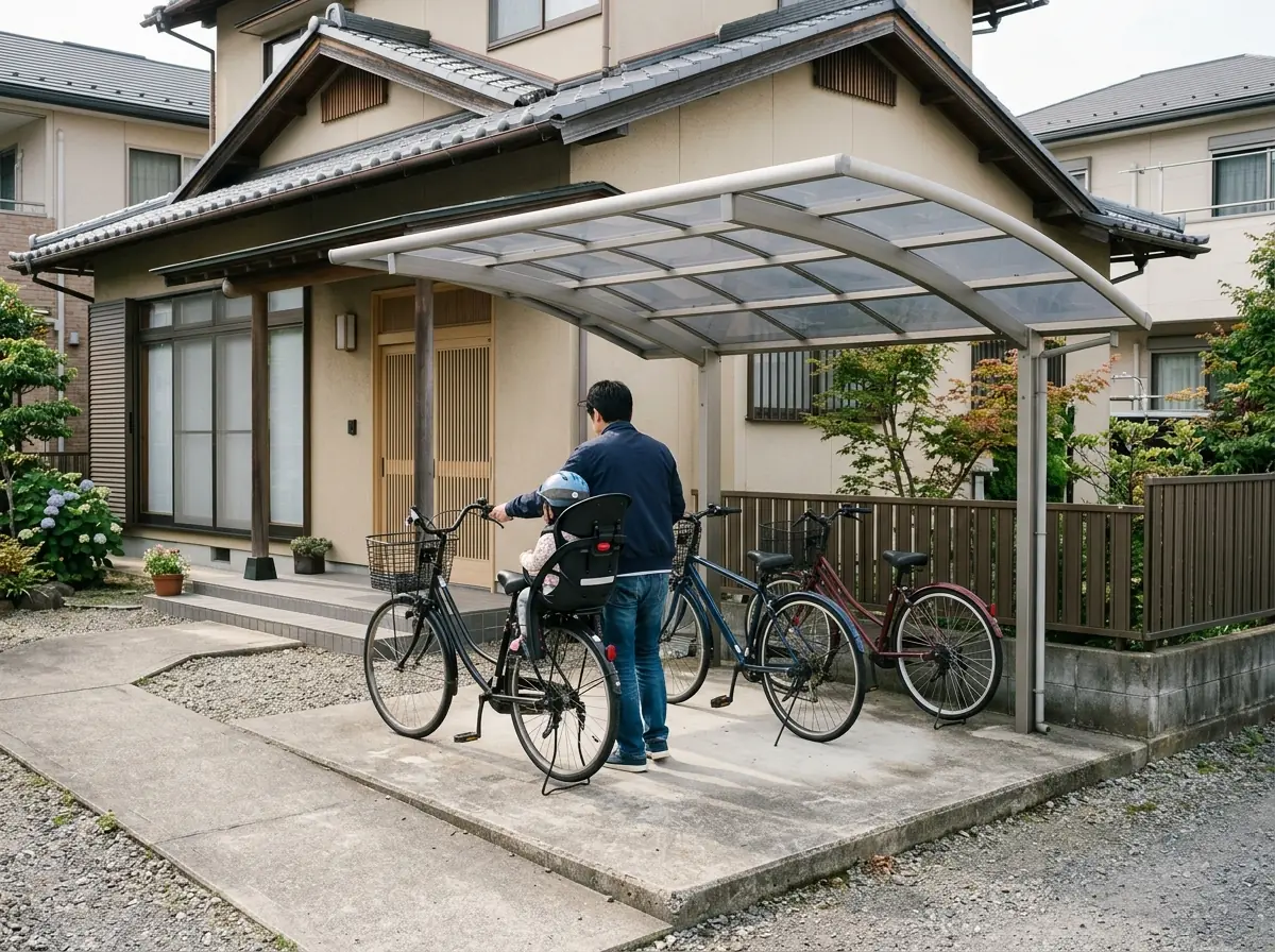 戸建ての横のサイクルポートと、その下に停めた3台の自転車