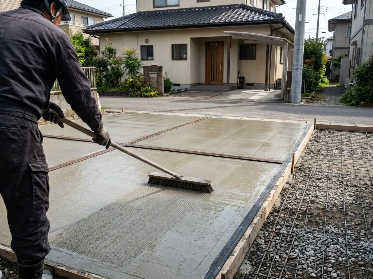 ワイヤーメッシュと目地板を入れて打設中の駐車場の土間コンクリート