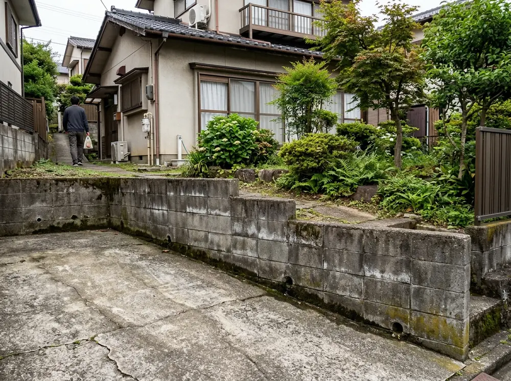 駐車場と一段高い庭の間で土を支えるブロックの土留め