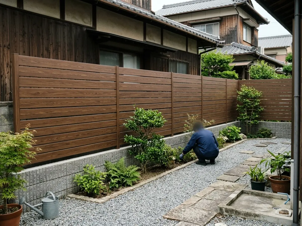 ブロックの上に立てた木目調の横板目隠しフェンスと砂利の庭