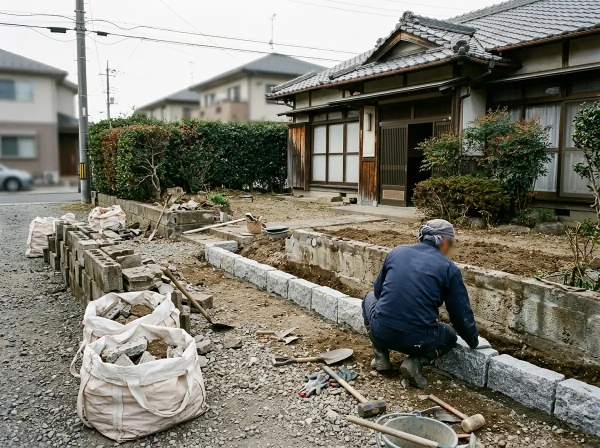 古い花壇を取り壊し、新しい縁石を並べて庭をつくり直している途中の様子