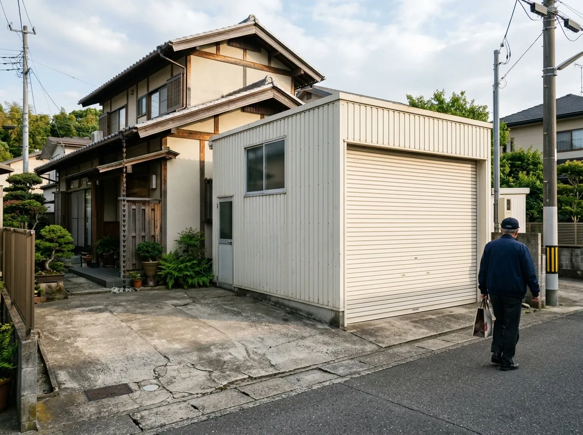 戸建ての横に建てたシャッター付きのスチールガレージ