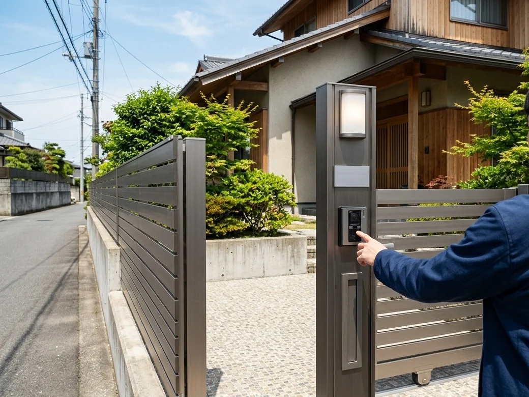 ポストとインターホンを組み込んだ機能門柱と引き戸の門扉