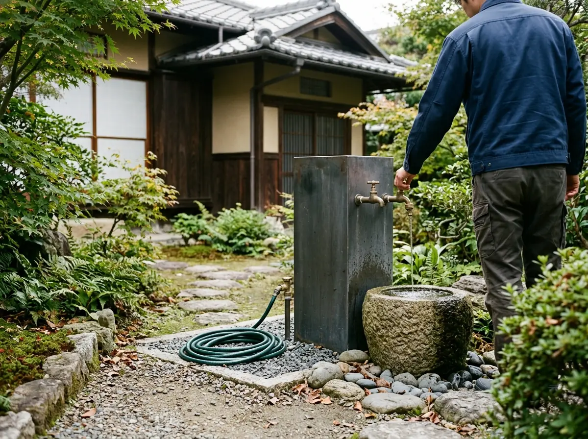 庭に立てた角形の立水栓と石の水受け、横に巻いたホース