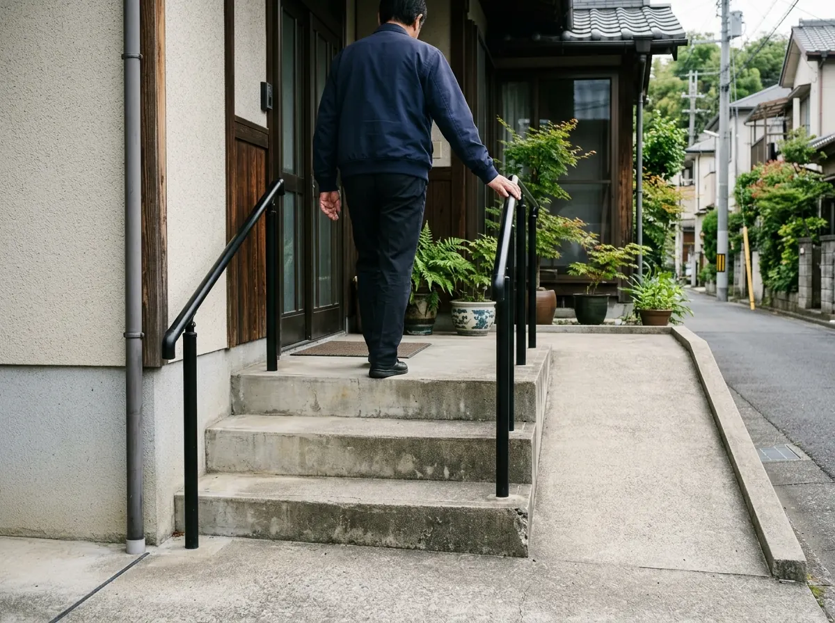 玄関前の階段に付けた手すりと横のスロープ